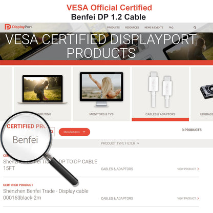 BENFEI 8K DisplayPort to DisplayPort 6 Feet Cable [VESA Certified], DP to DP Male to Male Cable Gold-Plated Cord, Supports 8K@60Hz, 4K@144Hz 120Hz, 2K@240Hz Compatible for Lenovo, Dell, HP, ASUS More