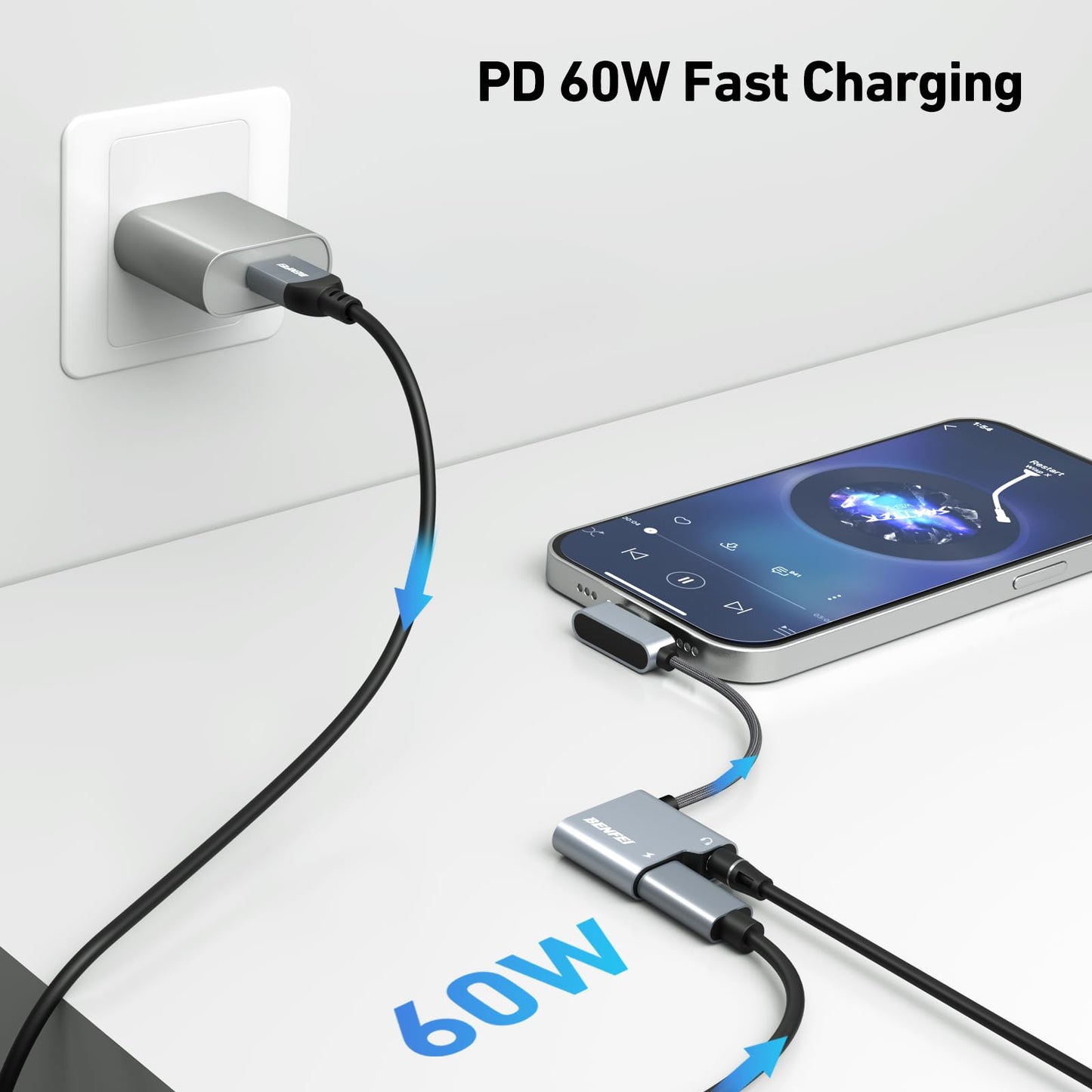 BENFEI USB C to Audio Jack Adapter with 60W Fast Charging, USB-C to 3.5mm Female Headphone Compatible with iPhone 15 Pro Max/15 Pro/15, Samsung Galaxy S24/S23/S22/S21 Ultra, iPad Pro, Pixel 8 Grey
